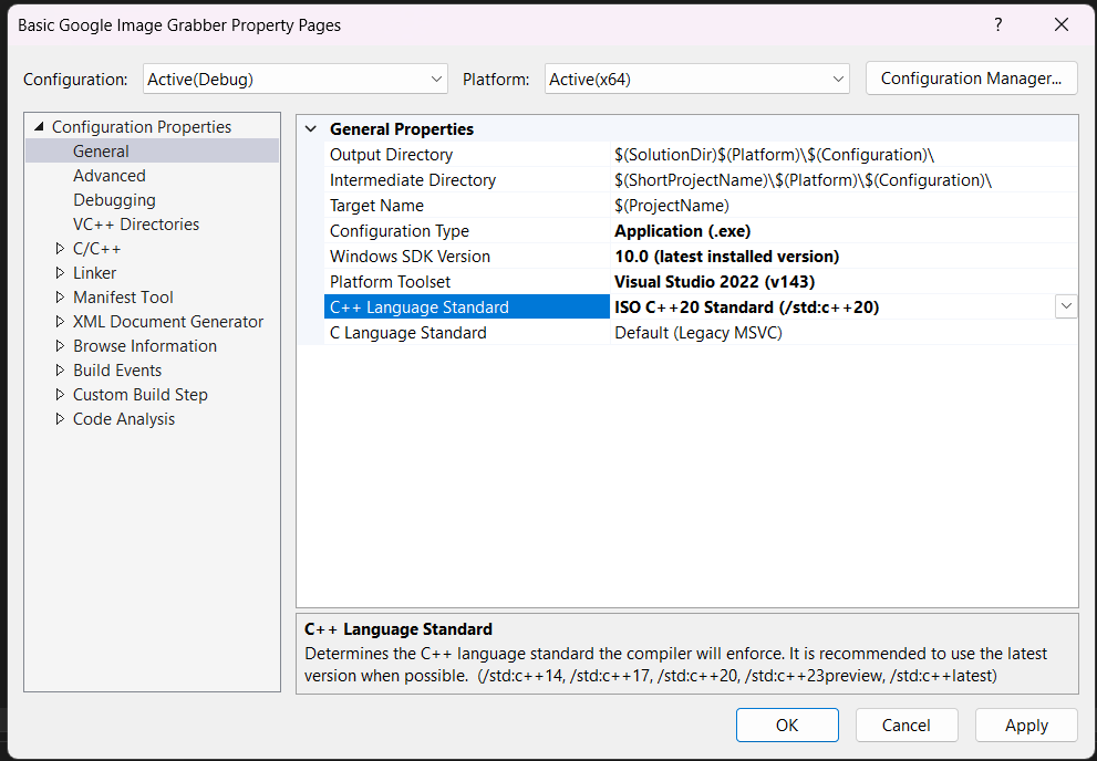 C++ Google Image Puller Project Language Version Change.png